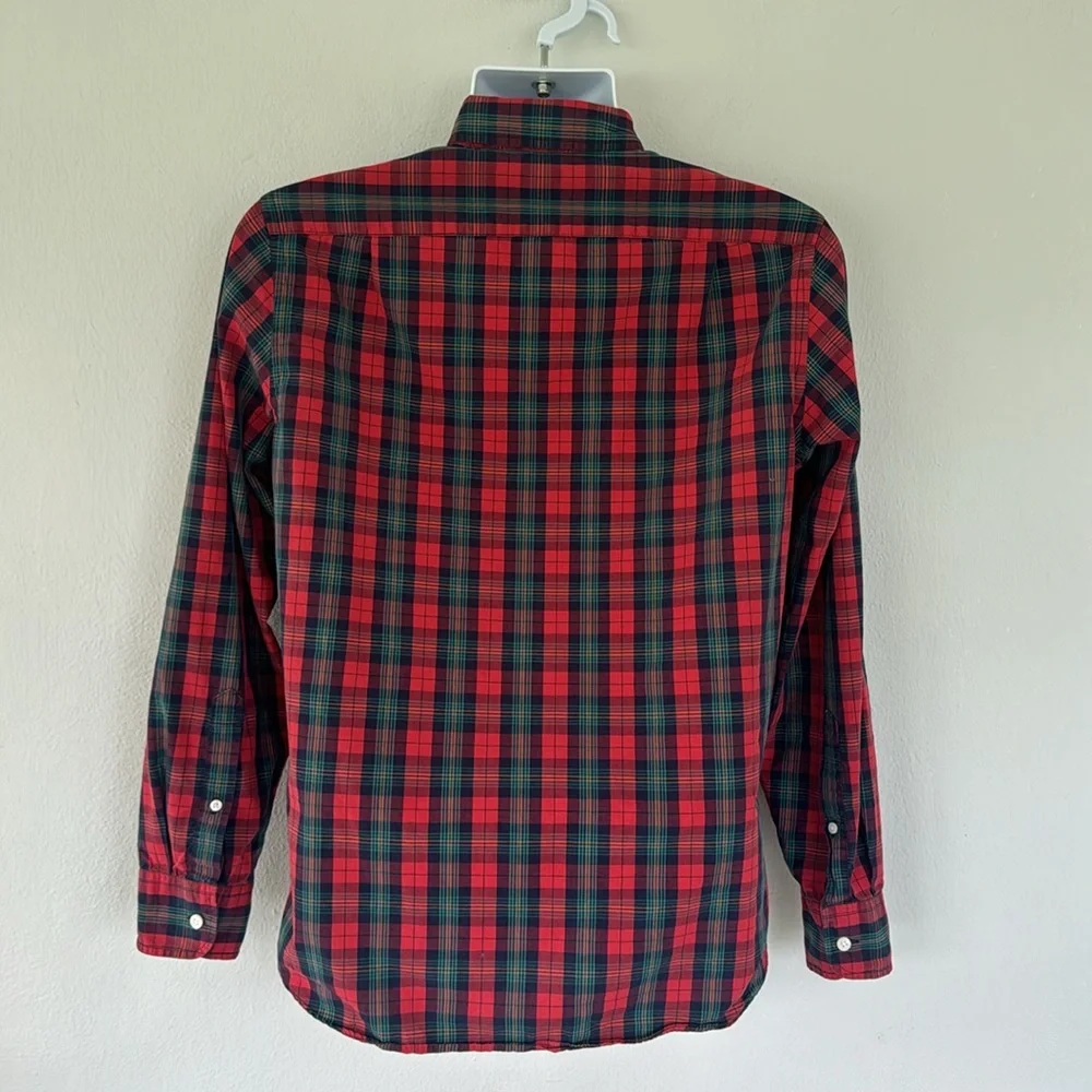 J. Crew red green holiday plaid cotton button down dress shirt size small
